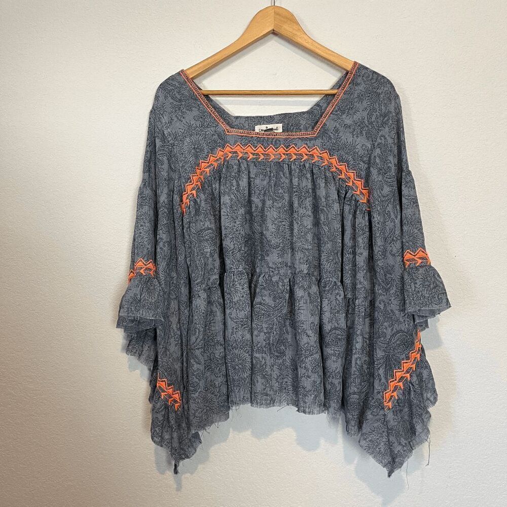 Cousin Earl Gray Orange Embroidered Paisley 3/4 Sleeve Blouse Women's Size Small